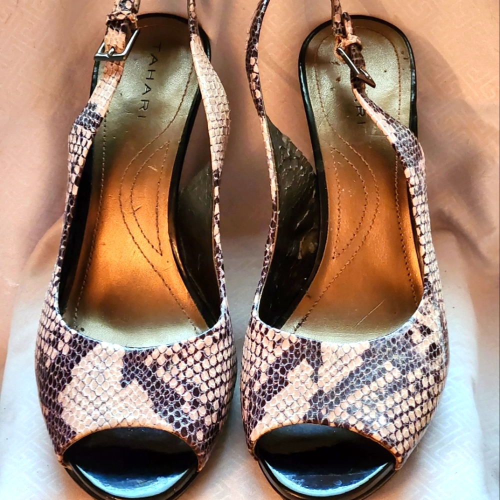 Tahari Open Toe Slingback Sandal Snakeskin Print Black/Tan 4" Heel Size 9M